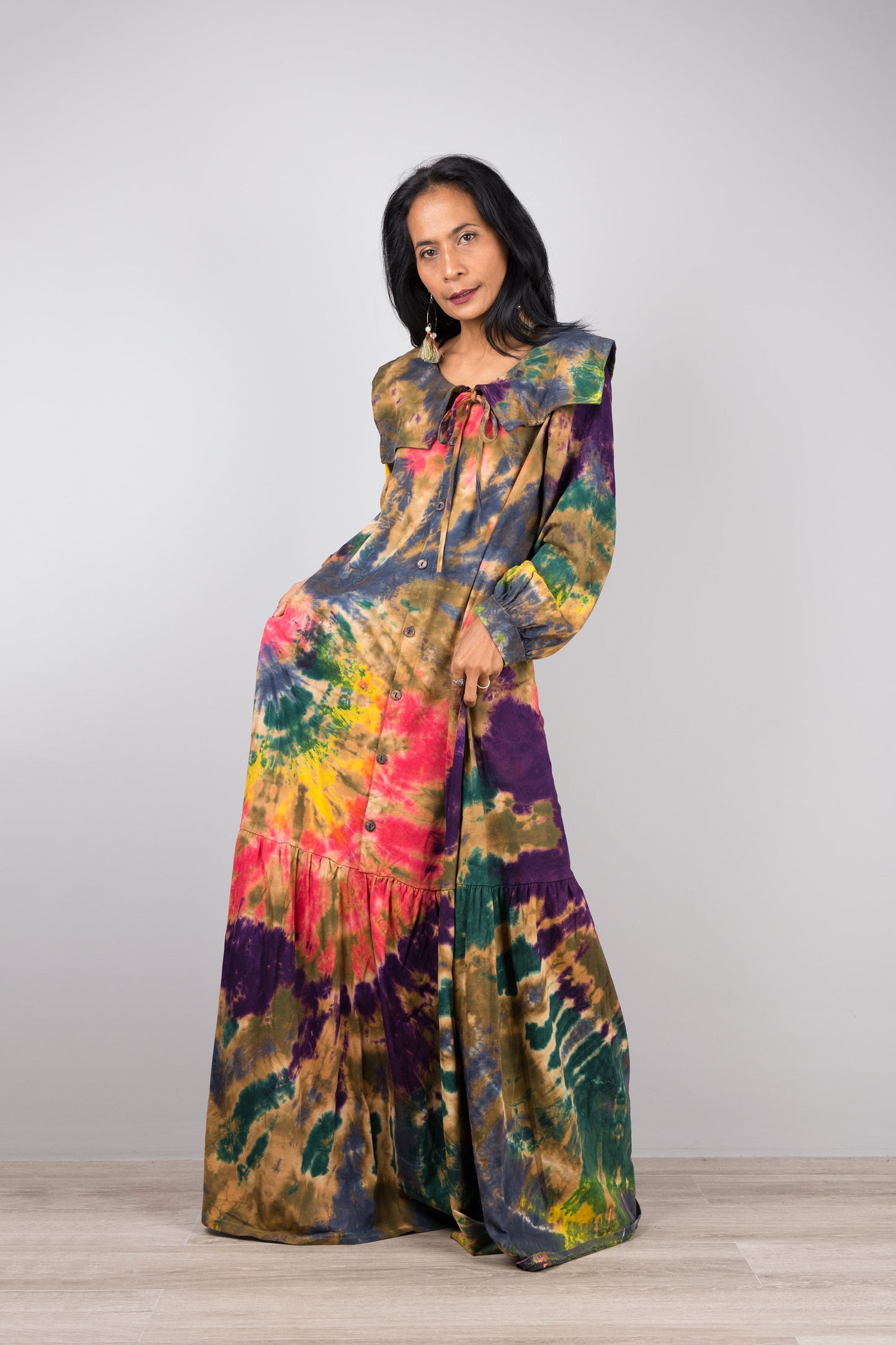 Long sleeve tie dye dress with ruffle