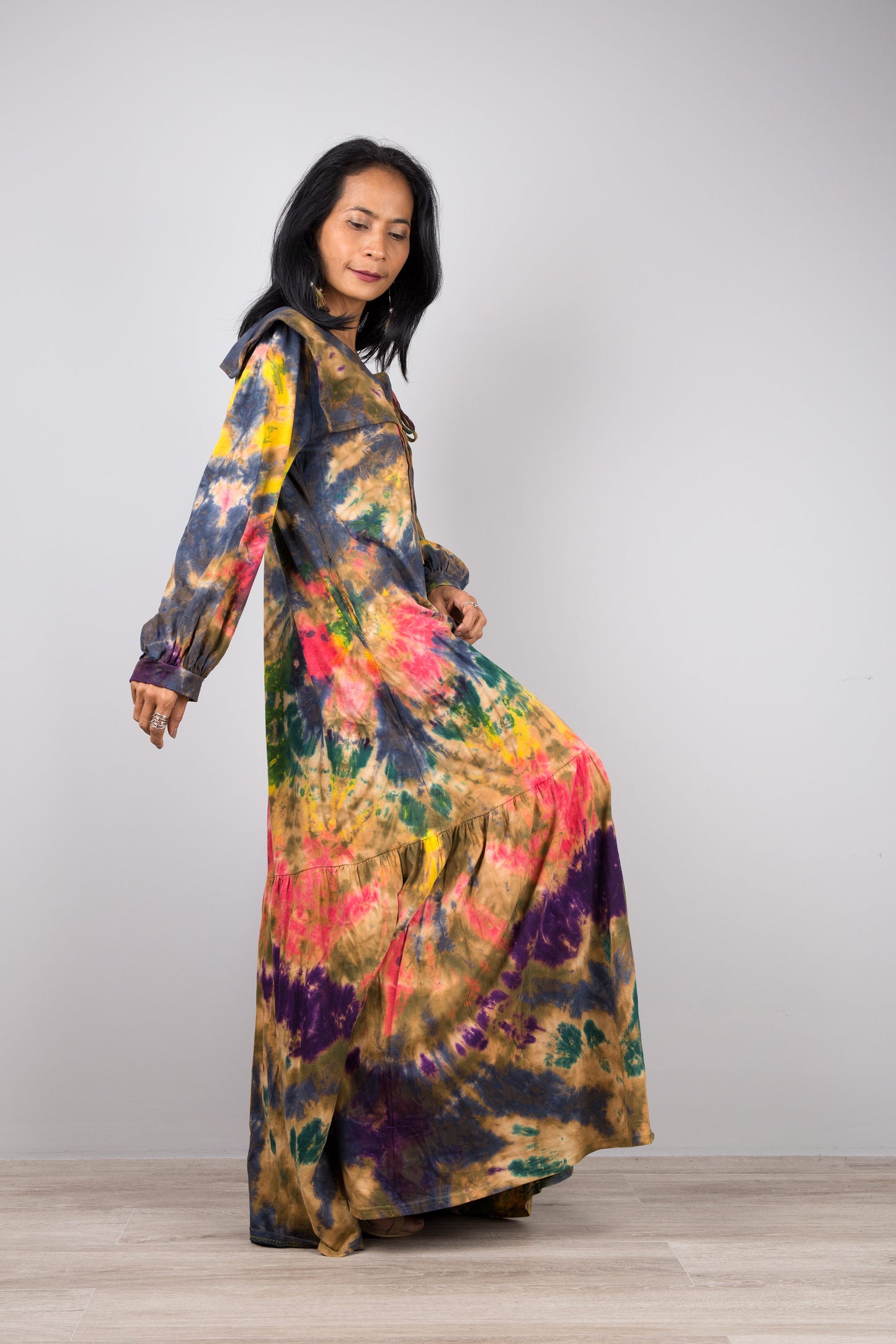 Long sleeve tie dye dress with ruffle