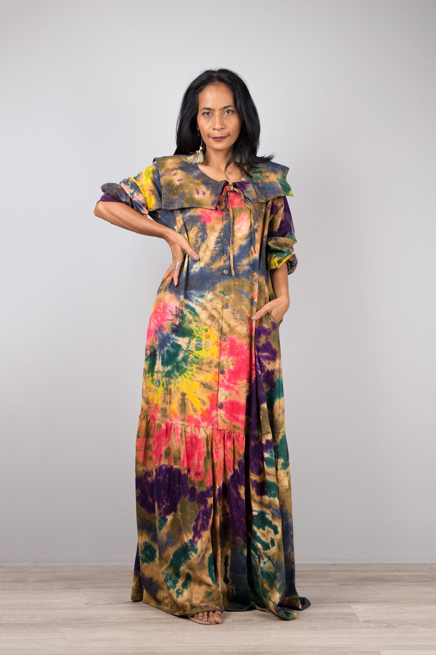 Long sleeve tie dye dress with ruffle