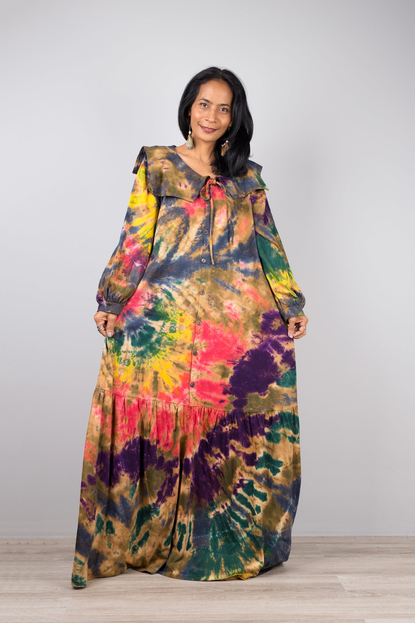 Long sleeve tie dye dress with ruffle