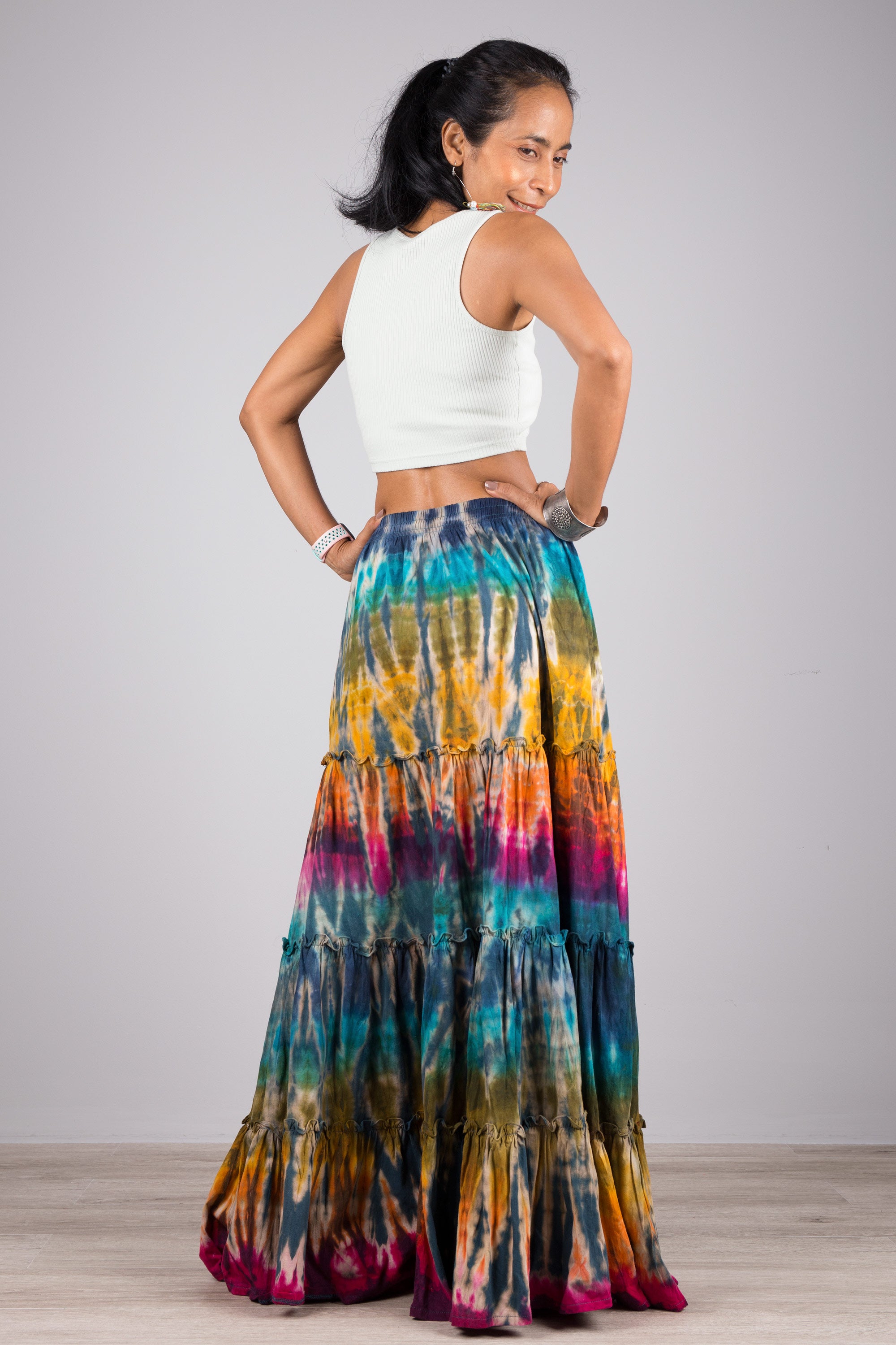 Tie dye skirt Tiered Wide leg festival skirt Rainbow maxi skirt by Nuichan