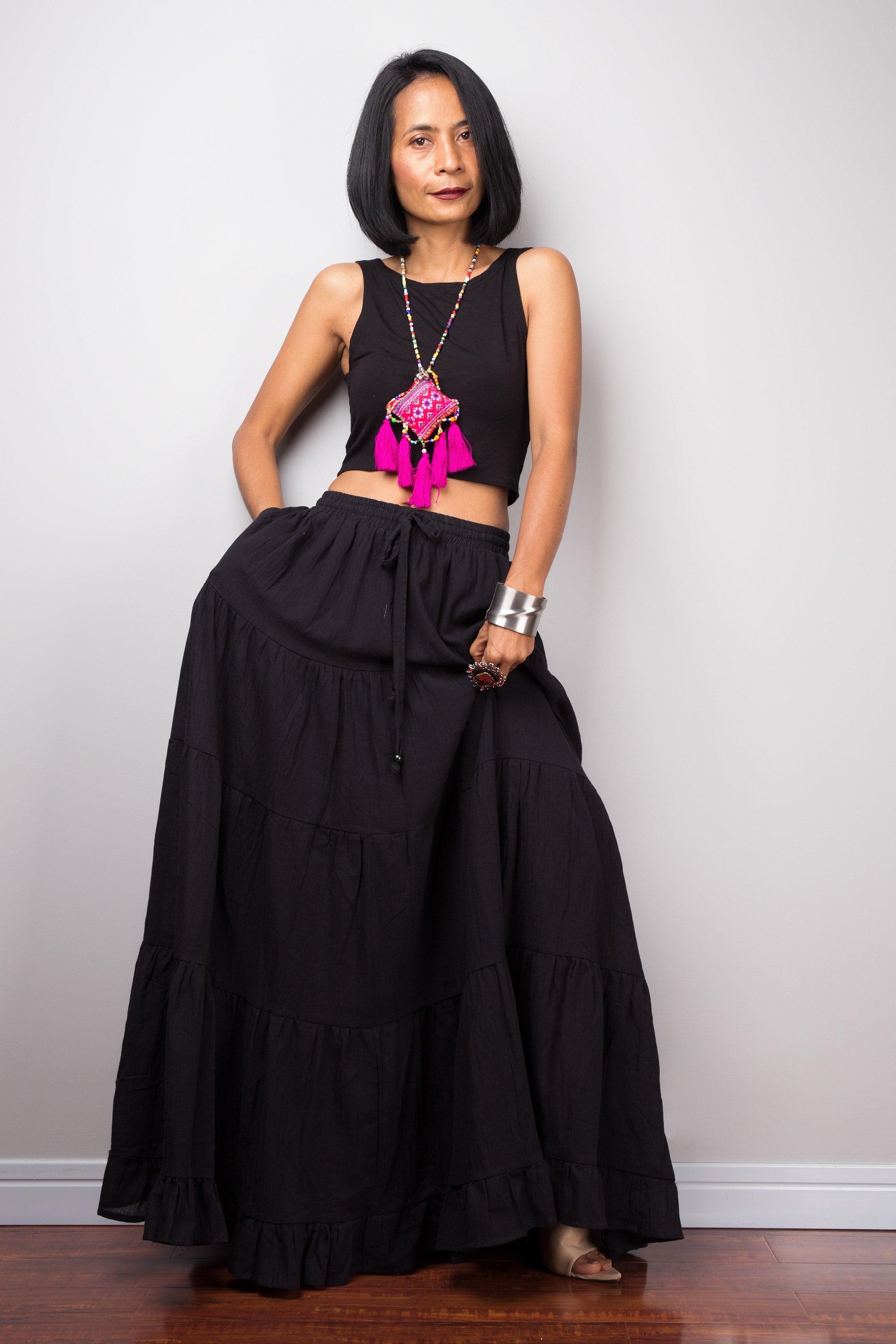 Long Black Tiered Maxi Skirt for Women Black Cotton skirt Nuichan