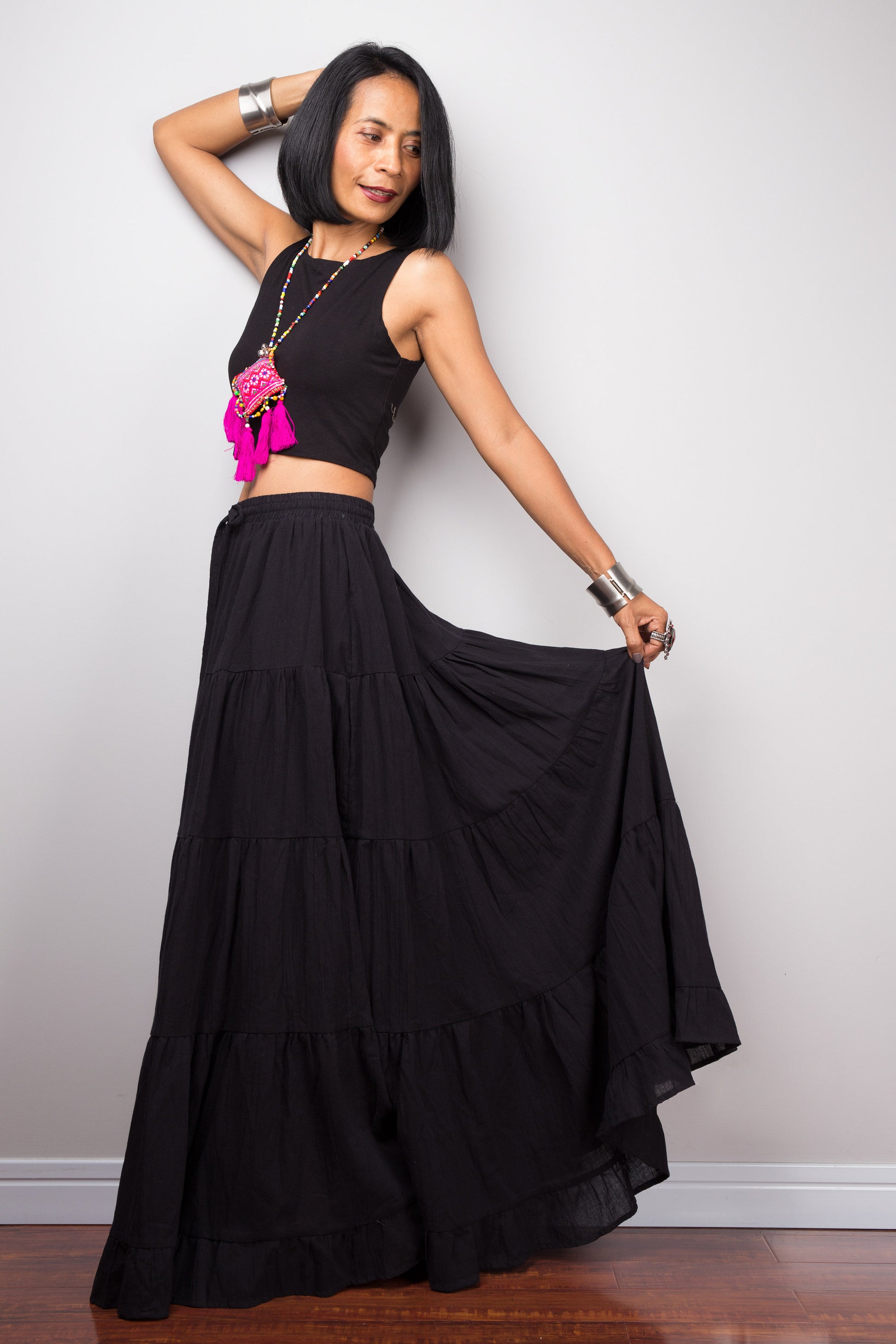 Black cotton maxi skirt - side view