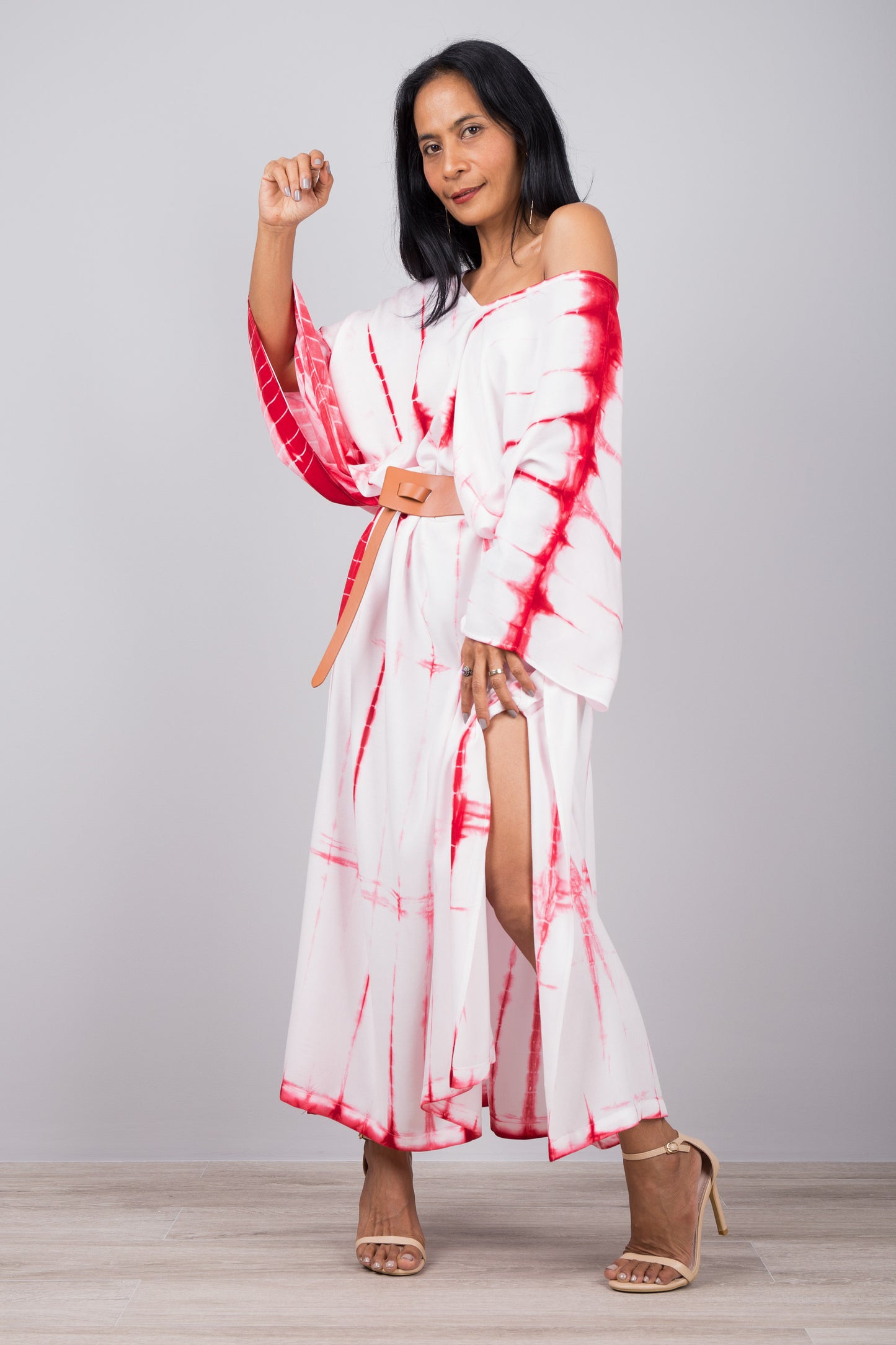 White and red tie dye kaftan dress.  Split shown in bottom part of the dress