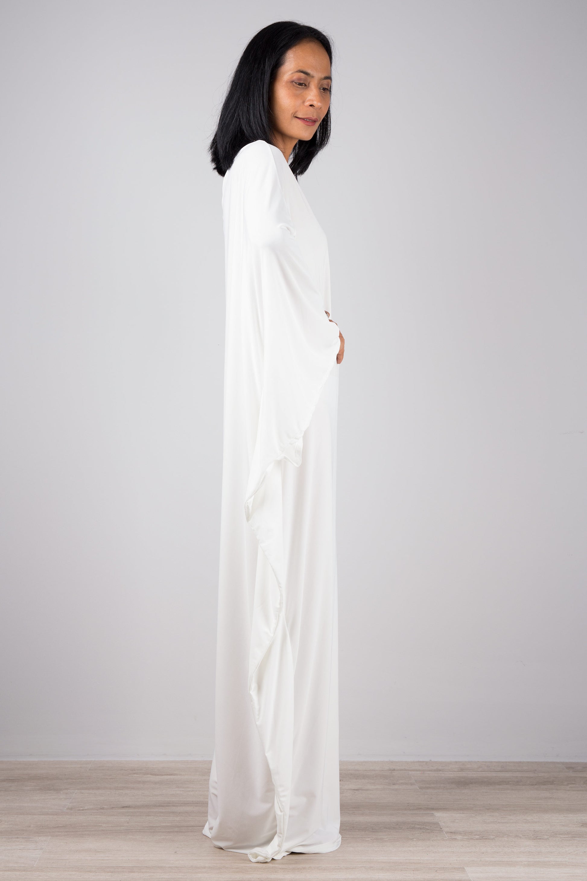 White one shoulder dress.  Asymmetrical maxi dress by Nuichan