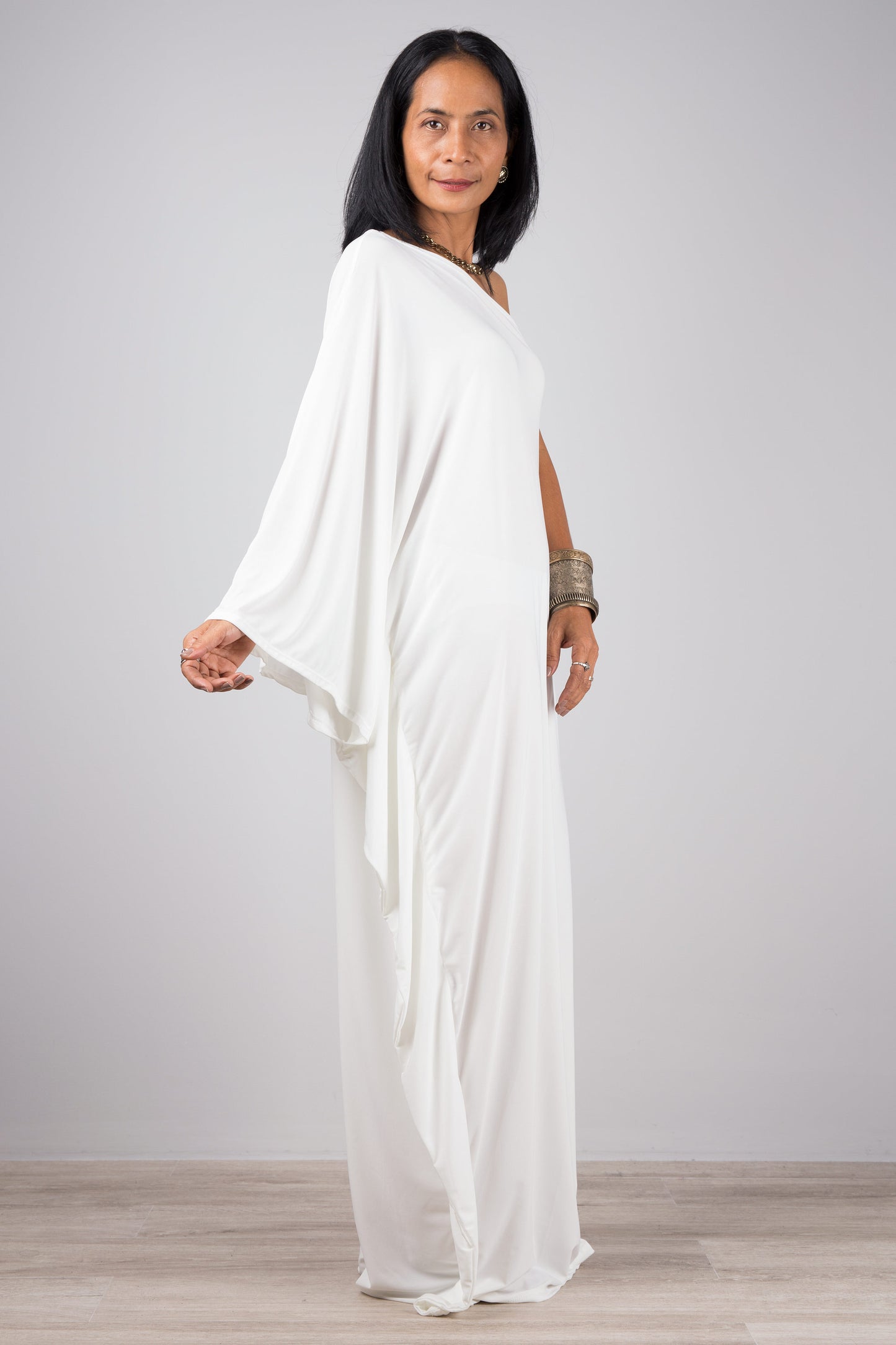 White off the shoulder dress by Nuichan.  Off white kaftan maxi dress