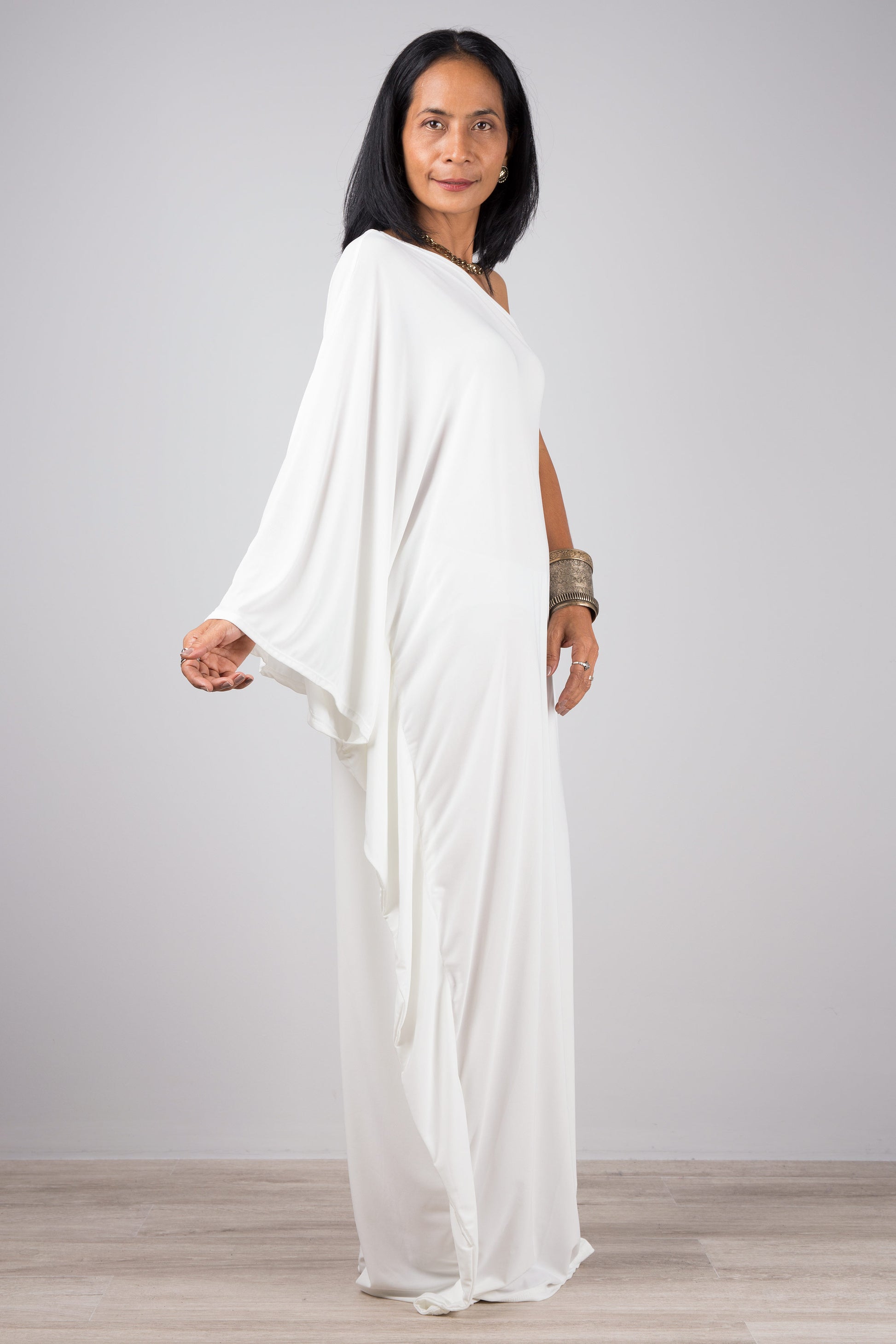 White off the shoulder dress by Nuichan.  Off white kaftan maxi dress