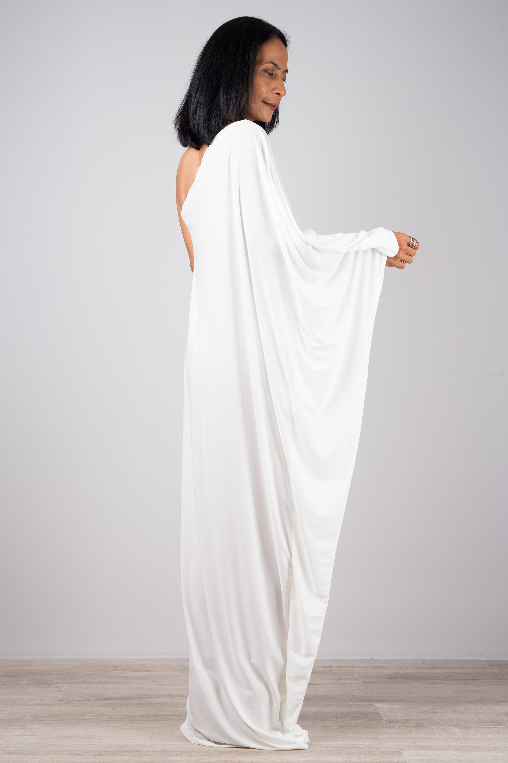 White evening dress.  Asymmetrical caftan dress by Nuichan