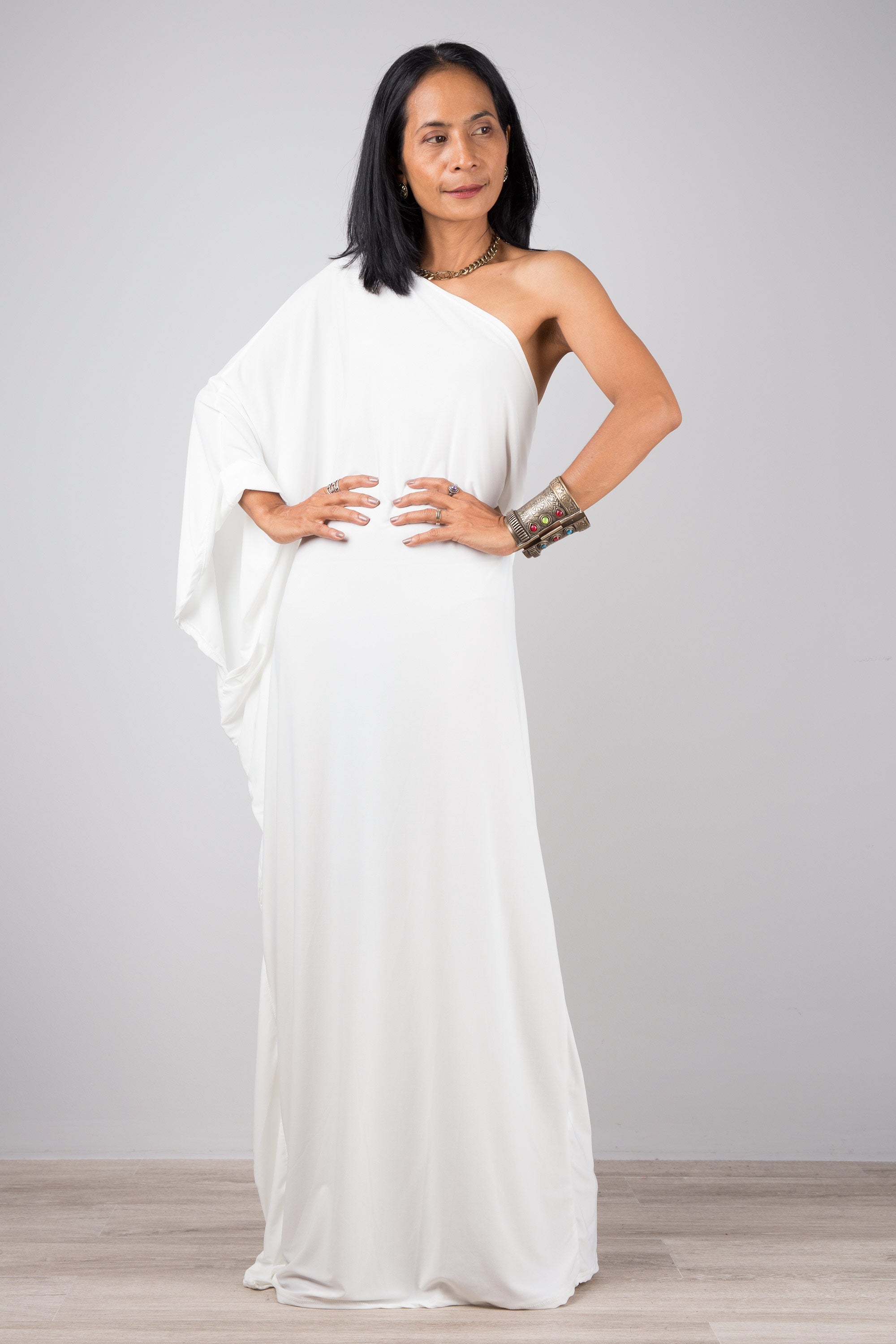 Off White One Shoulder Dress Chic Evening Caftan by Nuichan