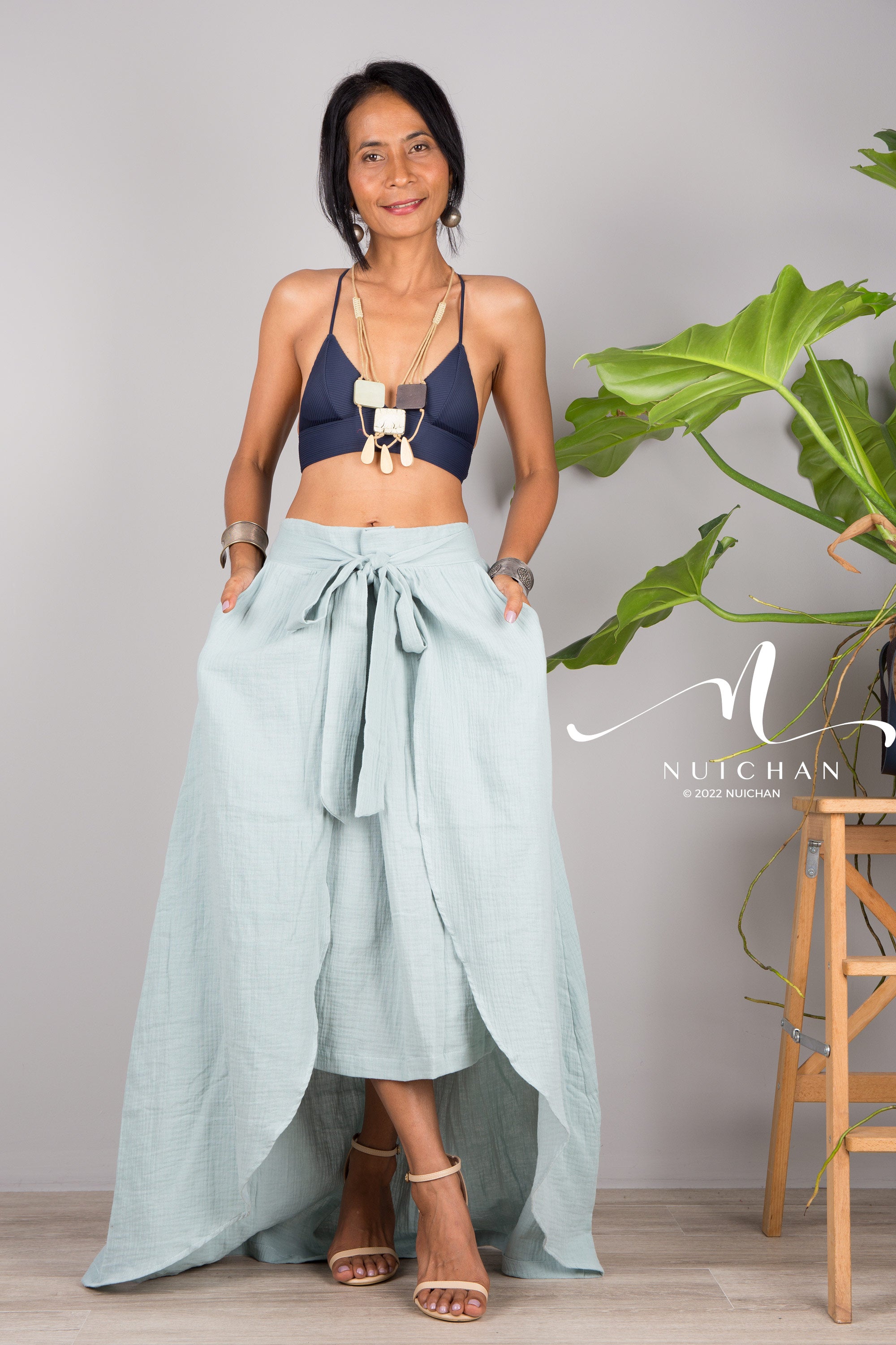 Nuichan women s cotton wrap skirt Organic mint green cotton skirt