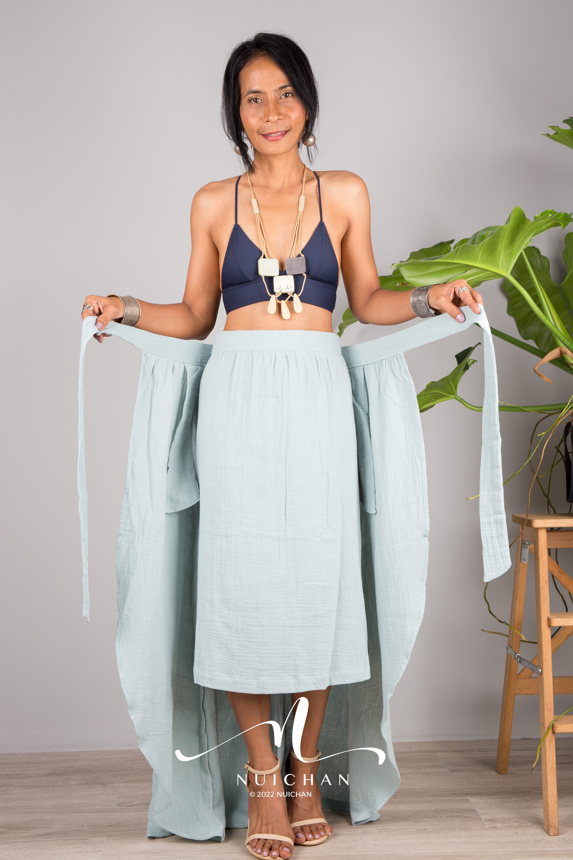 Nuichan women's cotton wrap skirt | Organic mint green cotton skirt