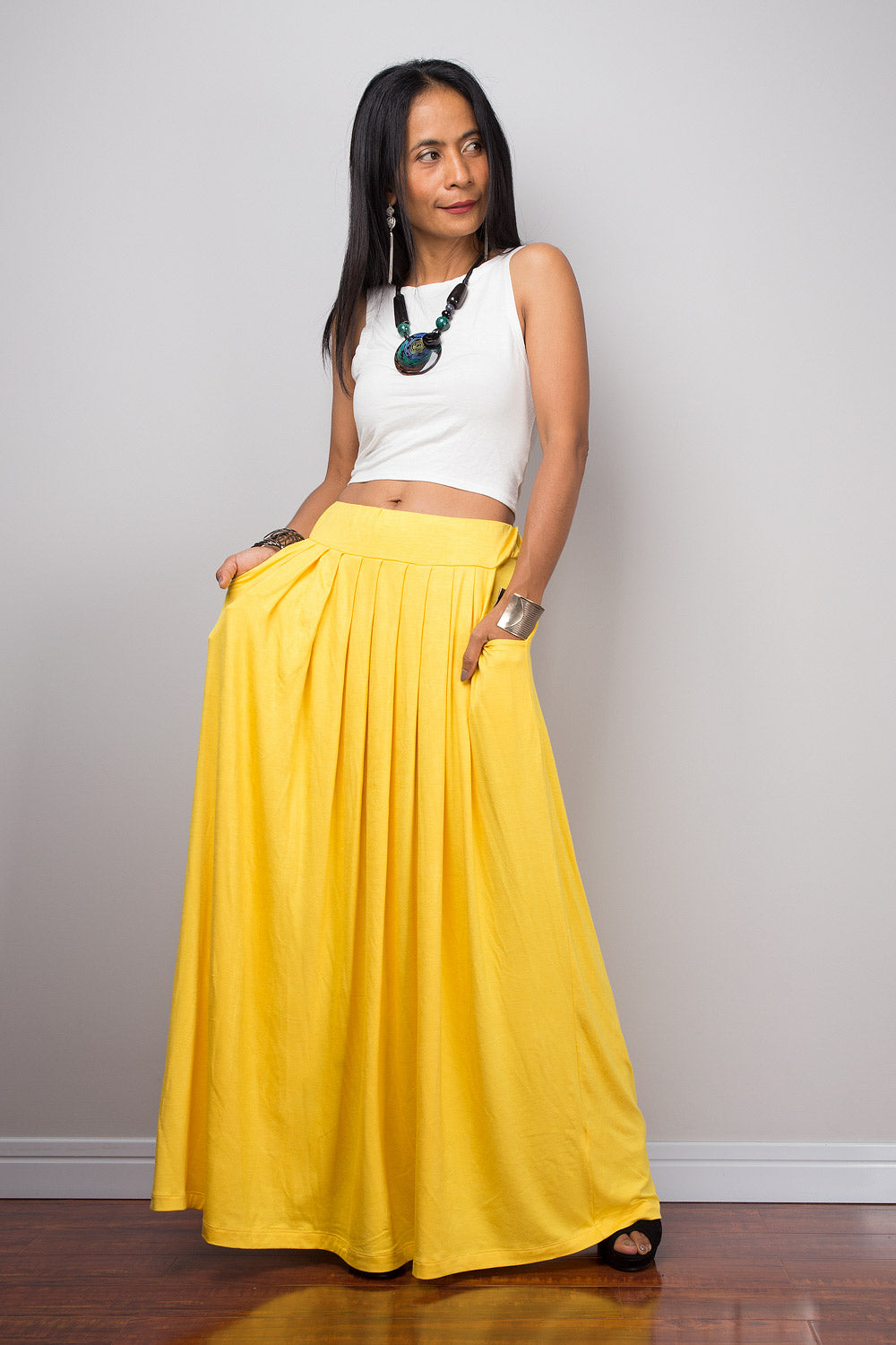 Mustard yellow pleated maxi skirt best sale